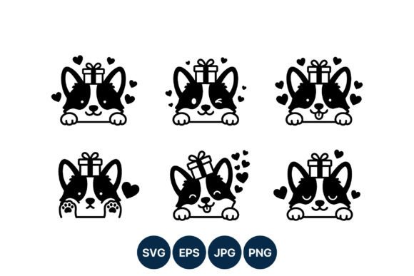 Corgi Faces Gift Box with Hearts Vector