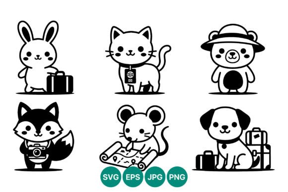 Cute Travel Animals Black and White Embroidery Design