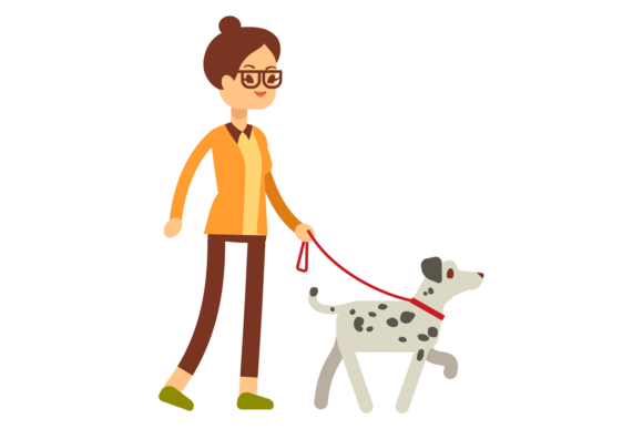 Dalmatian on Leash. Woman Walking with F