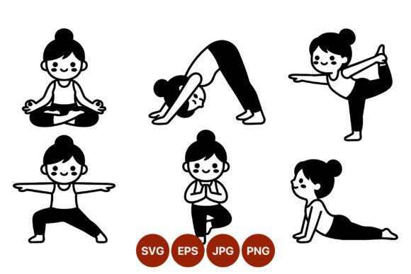 Yoga Girl Six Poses Black White Vector Review